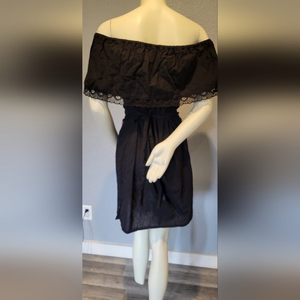 OFF SHOULDER WOMAN DRESS FLORAL ARTESANAL Size M 100% Cotton Embroidered Black - Picture 7 of 13